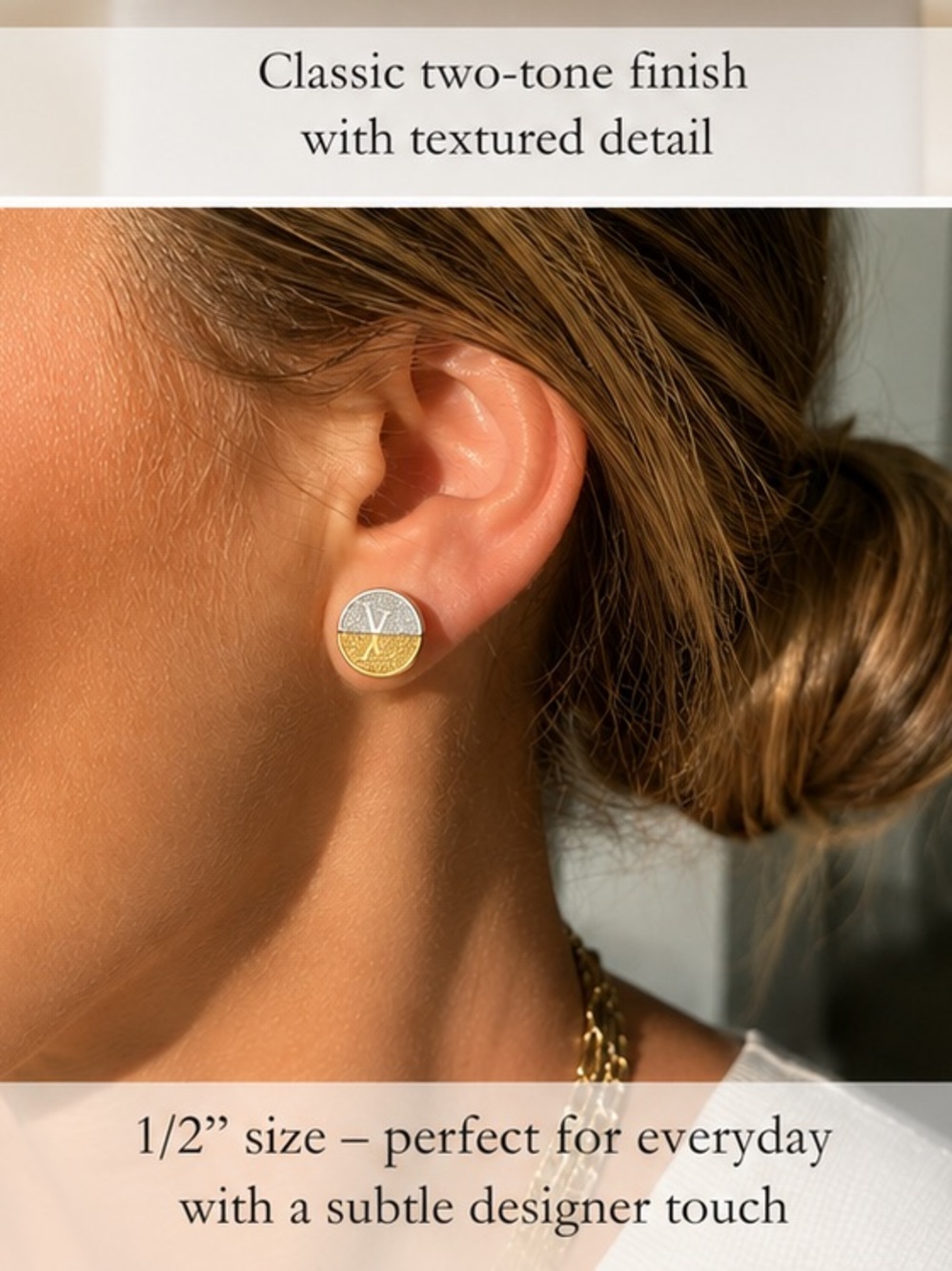 ✨ Designer Inspired Two-Tone Textured Monogram Stud Earrings Light Reflecting - Picture 3 of 4